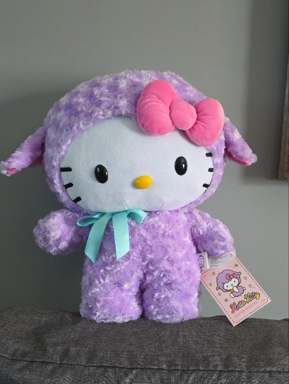 Hello Kitty Plush in Lavender with Pink Bow and Teal Ribbon